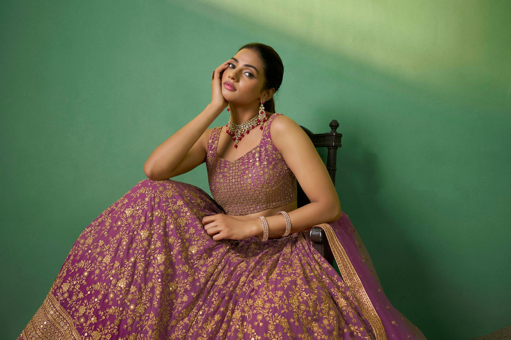 Lavender Elegant Dual Shaded Georgette Lehenga Set with Heavy Sequins & Embroidery Work ClothsVilla