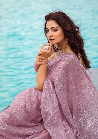 Lavender Elegant Georgette Sequin Work Saree with Banglori Silk Blouse ClothsVilla