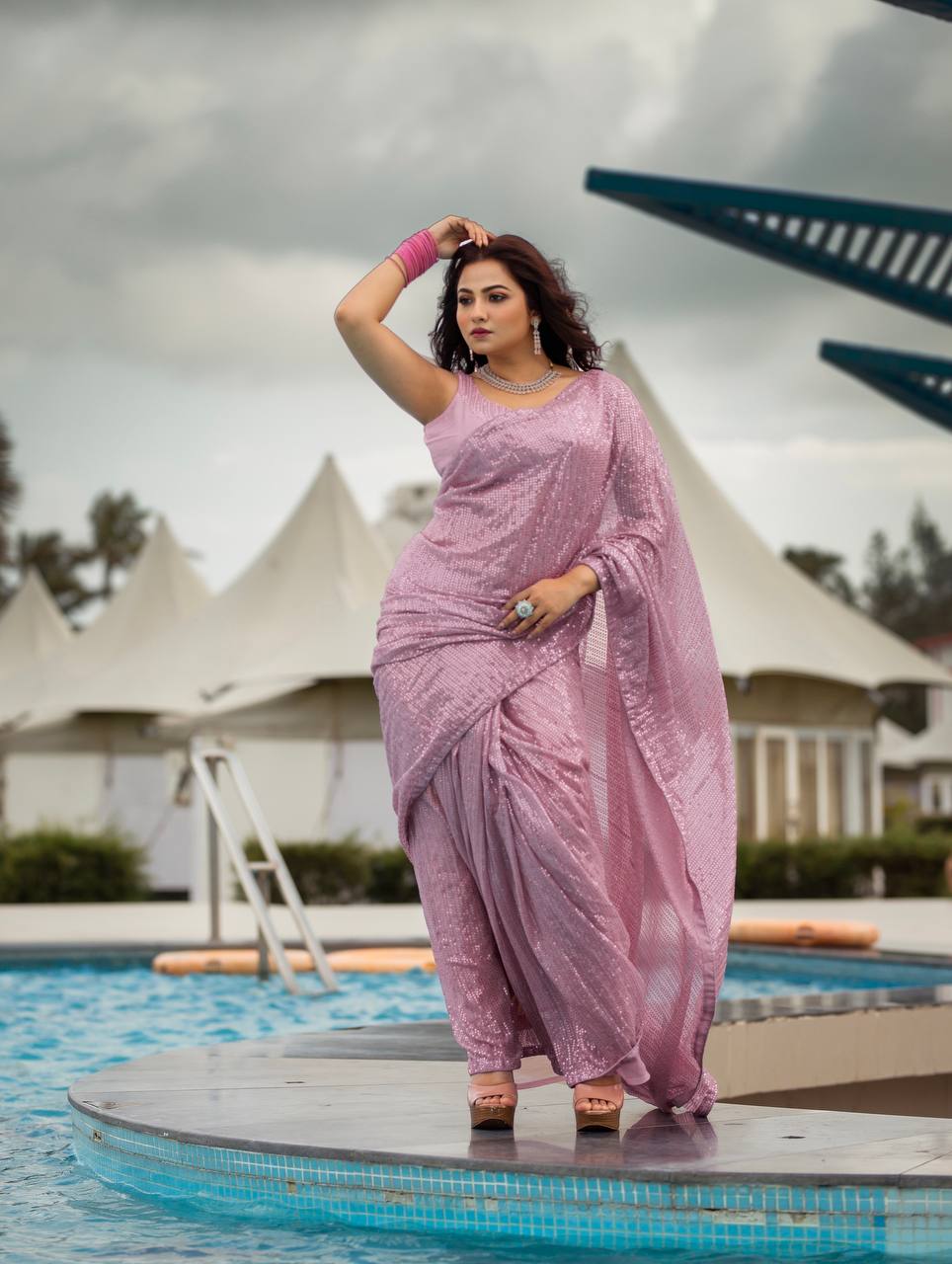 Lavender Elegant Georgette Sequin Work Saree with Banglori Silk Blouse ClothsVilla Main image