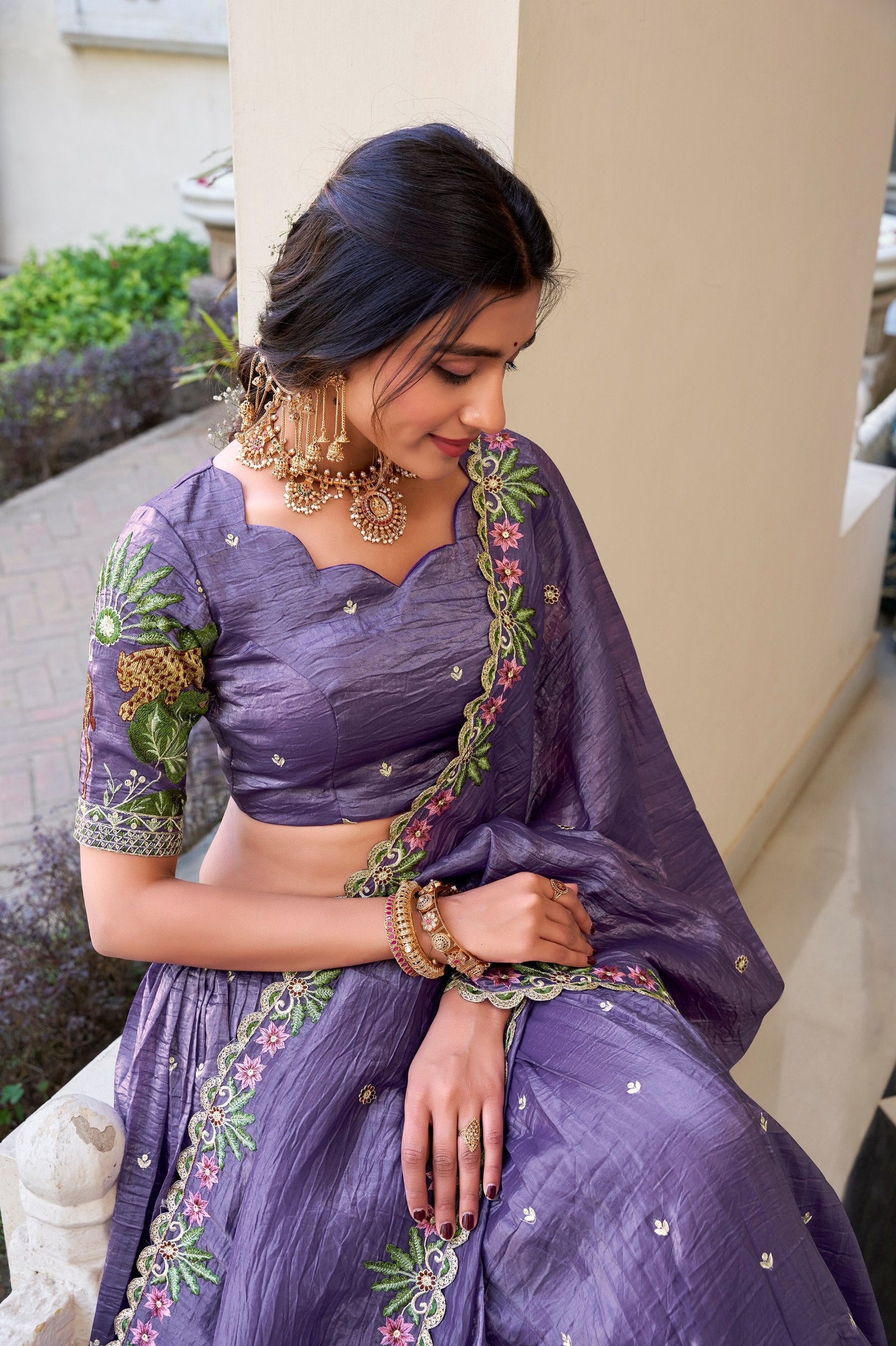 Lavender Elegant Gold Crush Lehenga Set with Sequins & Thread Embroidery ClothsVilla