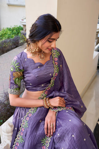 Lavender Elegant Gold Crush Lehenga Set with Sequins & Thread Embroidery ClothsVilla