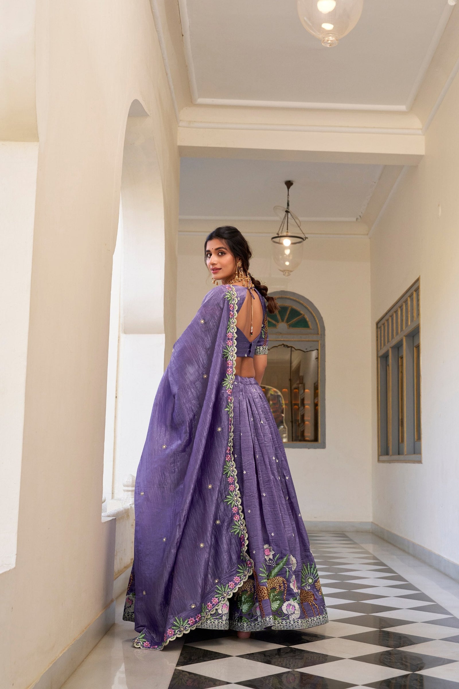 Lavender Elegant Gold Crush Lehenga Set with Sequins & Thread Embroidery ClothsVilla