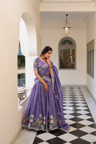 Lavender Elegant Gold Crush Lehenga Set with Sequins & Thread Embroidery ClothsVilla