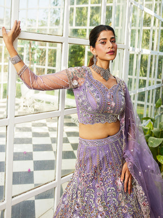Lavender Elegant Multi-Color Sequin Embroidered Net Lehenga Choli Dupatta ClothsVilla