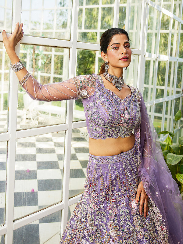 Lavender Elegant Multi-Color Sequin Embroidered Net Lehenga Choli Dupatta ClothsVilla