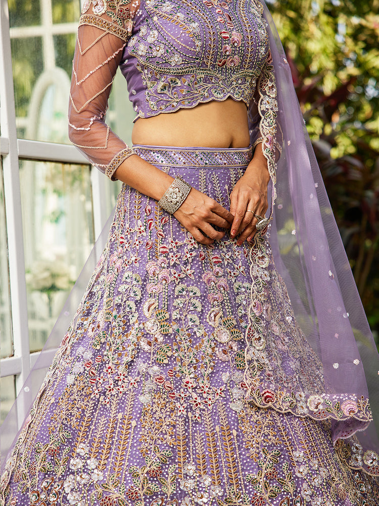 Lavender Elegant Multi-Color Sequin Embroidered Net Lehenga Choli Dupatta ClothsVilla