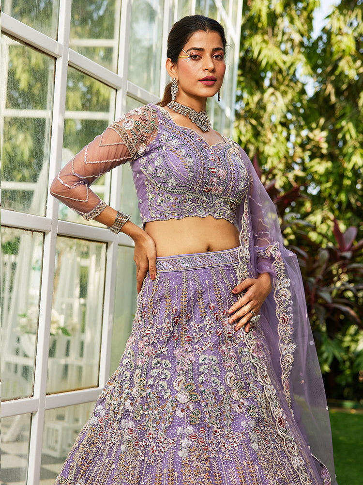 Lavender Elegant Multi-Color Sequin Embroidered Net Lehenga Choli Dupatta ClothsVilla