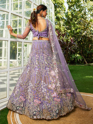Lavender Elegant Multi-Color Sequin Embroidered Net Lehenga Choli Dupatta ClothsVilla