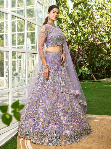 Lavender Elegant Multi-Color Sequin Embroidered Net Lehenga Choli Dupatta ClothsVilla