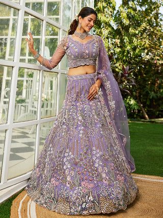 Lavender Elegant Multi-Color Sequin Embroidered Net Lehenga Choli Dupatta ClothsVilla