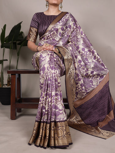 Lavender Elegant Tasar Silk Printed Saree with Viscose Border & Unstitched Blouse – 5.5 Meter Traditional Silk Saree ClothsVilla