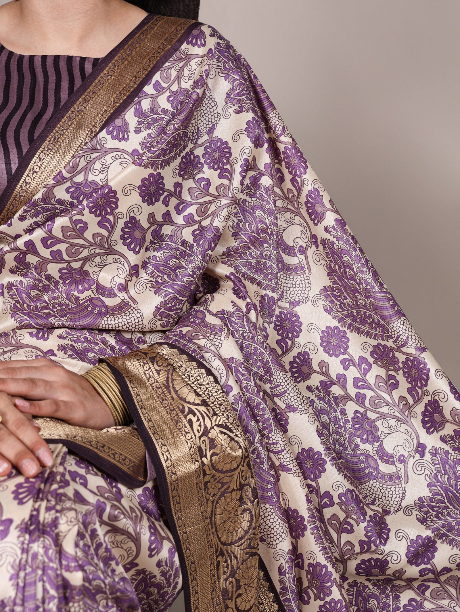 Lavender Elegant Tasar Silk Printed Saree with Viscose Border & Unstitched Blouse – 5.5 Meter Traditional Silk Saree ClothsVilla