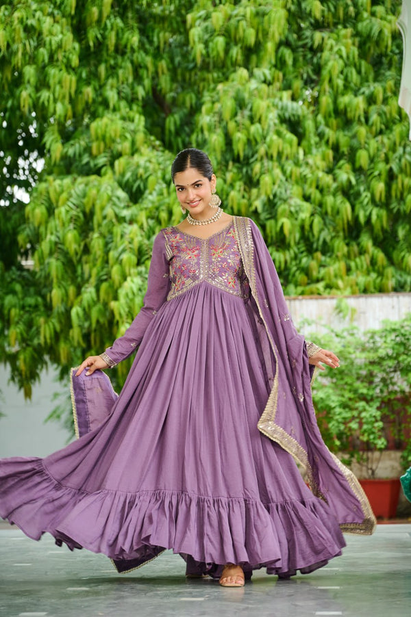 Lavender Elegant Vichitra Silk Gown with Rich Zari & Thread Embroidery and Dupatta – Designer Full-Sleeve Frill Gown ClothsVilla