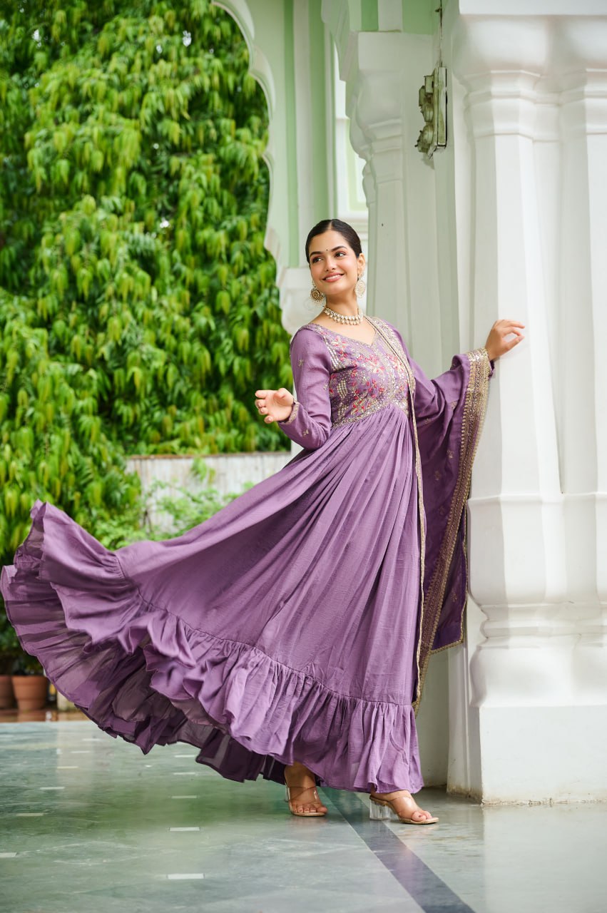 Lavender Elegant Vichitra Silk Gown with Rich Zari & Thread Embroidery and Dupatta – Designer Full-Sleeve Frill Gown ClothsVilla
