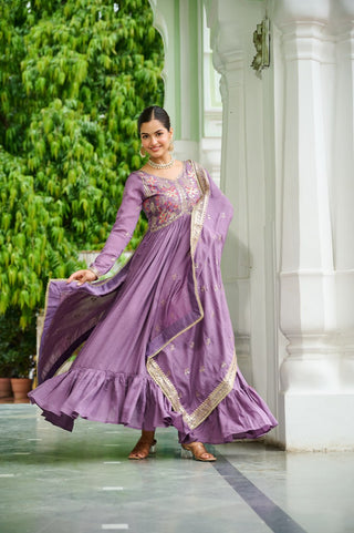Lavender Elegant Vichitra Silk Gown with Rich Zari & Thread Embroidery and Dupatta – Designer Full-Sleeve Frill Gown ClothsVilla