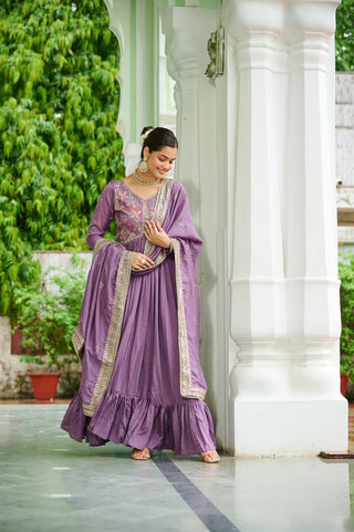 Lavender Elegant Vichitra Silk Gown with Rich Zari & Thread Embroidery and Dupatta – Designer Full-Sleeve Frill Gown ClothsVilla