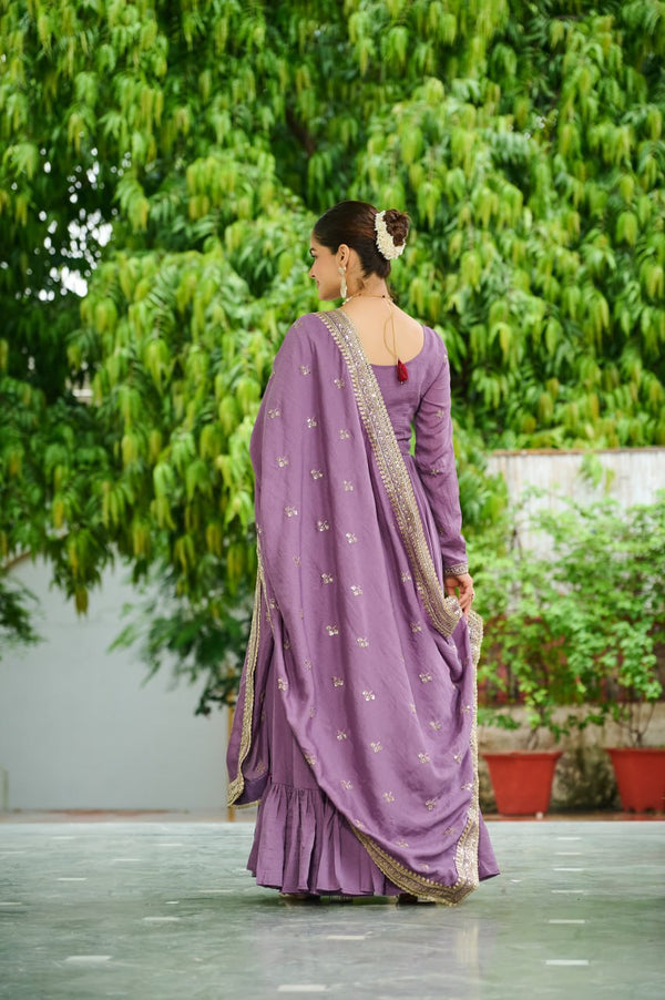 Lavender Elegant Vichitra Silk Gown with Rich Zari & Thread Embroidery and Dupatta – Designer Full-Sleeve Frill Gown ClothsVilla