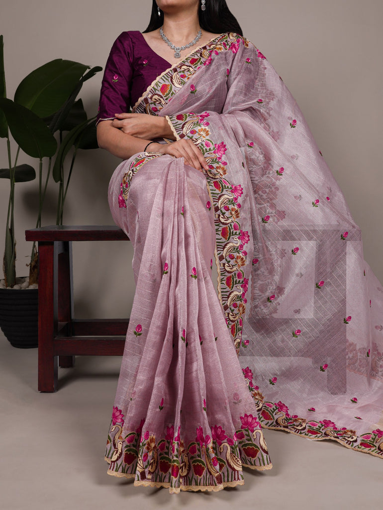 Lavender Elegant Zari Kota Tissue Saree with Exquisite Thread Embroidery Work and Banglory Blouse Piece – Premium Ethnic Ensemble ClothsVilla
