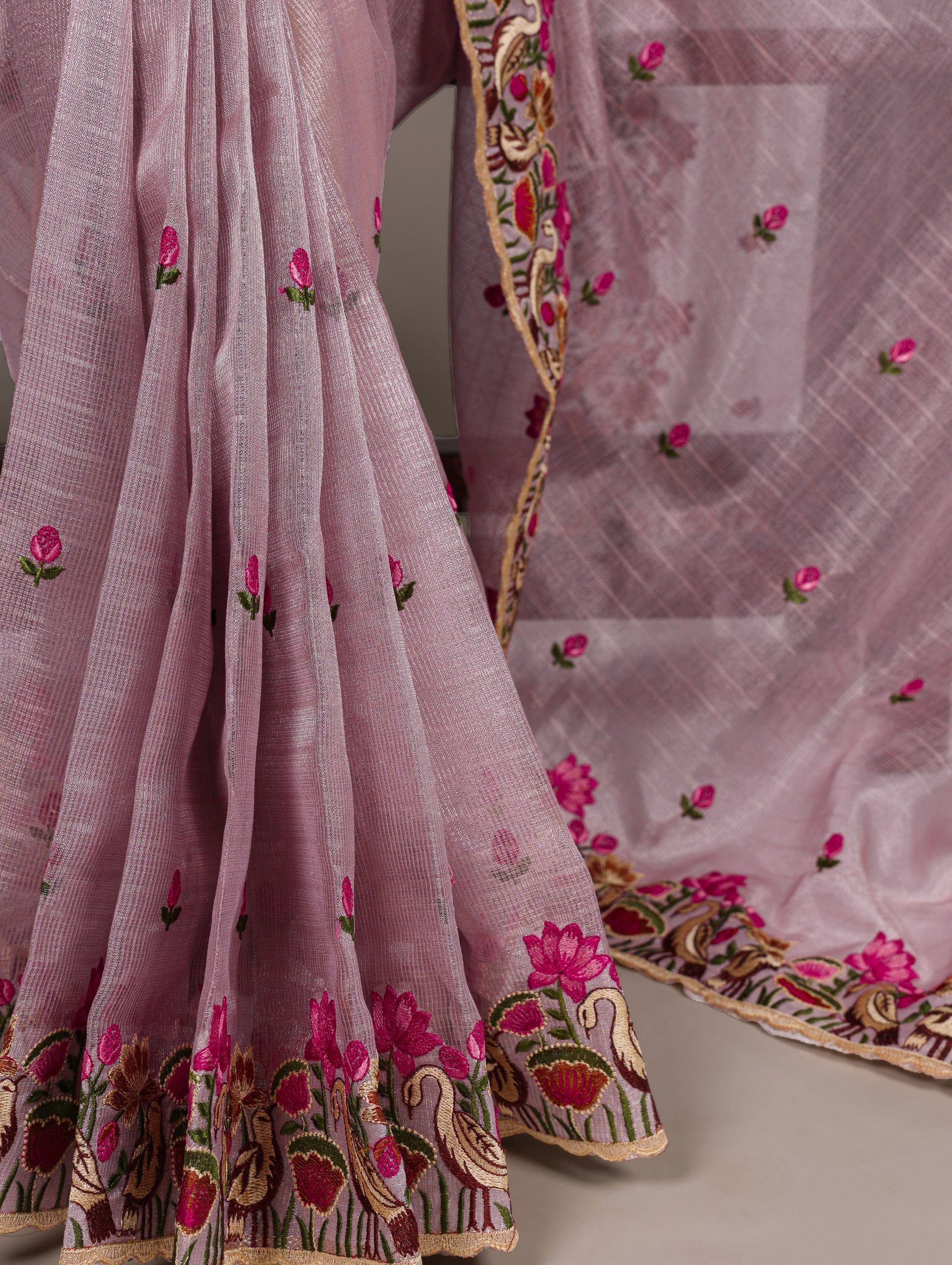Lavender Elegant Zari Kota Tissue Saree with Exquisite Thread Embroidery Work and Banglory Blouse Piece – Premium Ethnic Ensemble Secondary image