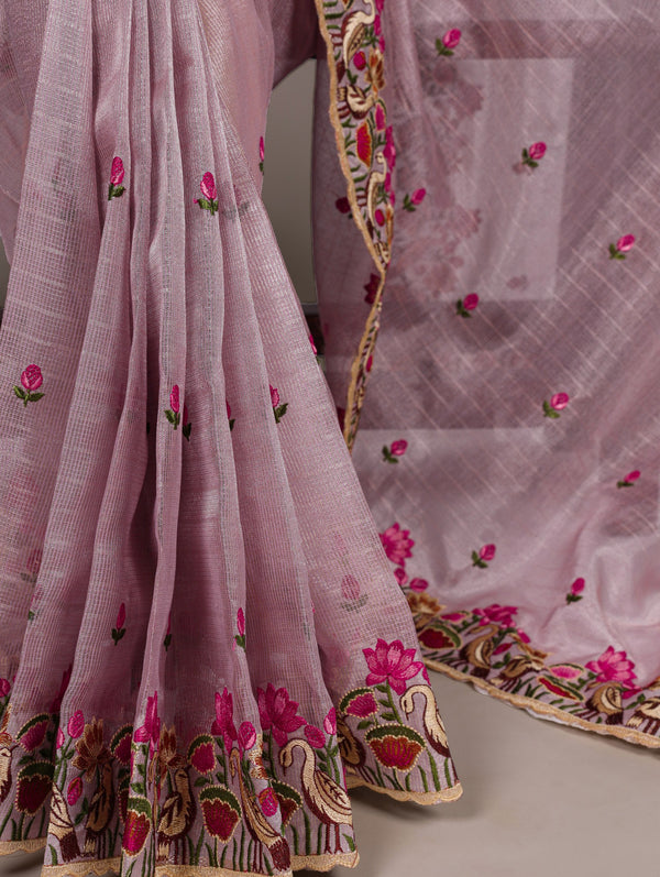 Lavender Elegant Zari Kota Tissue Saree with Exquisite Thread Embroidery Work and Banglory Blouse Piece – Premium Ethnic Ensemble ClothsVilla