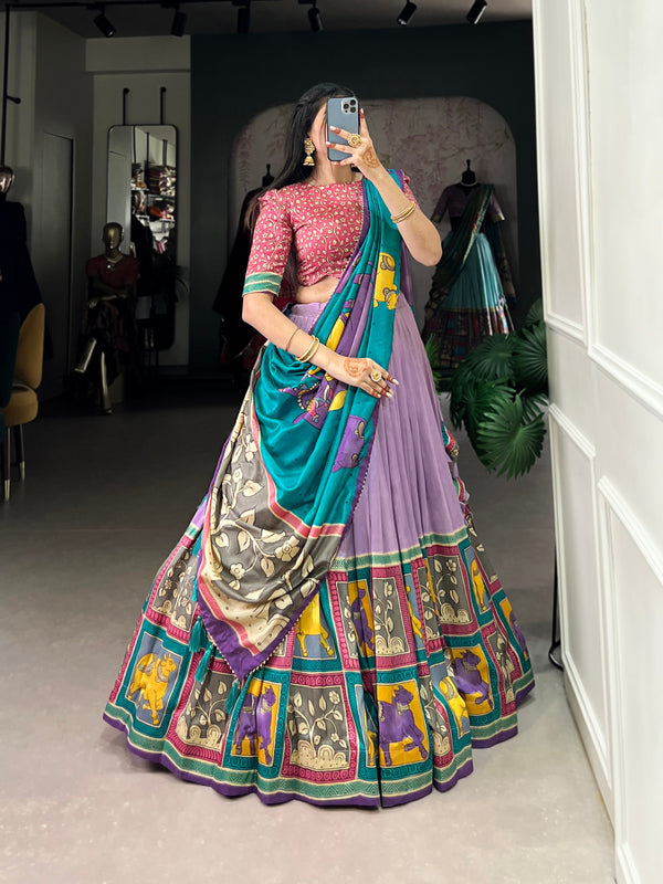 Lavender Ethereal Elegance Kalamkari Tussar Silk Lehenga Set