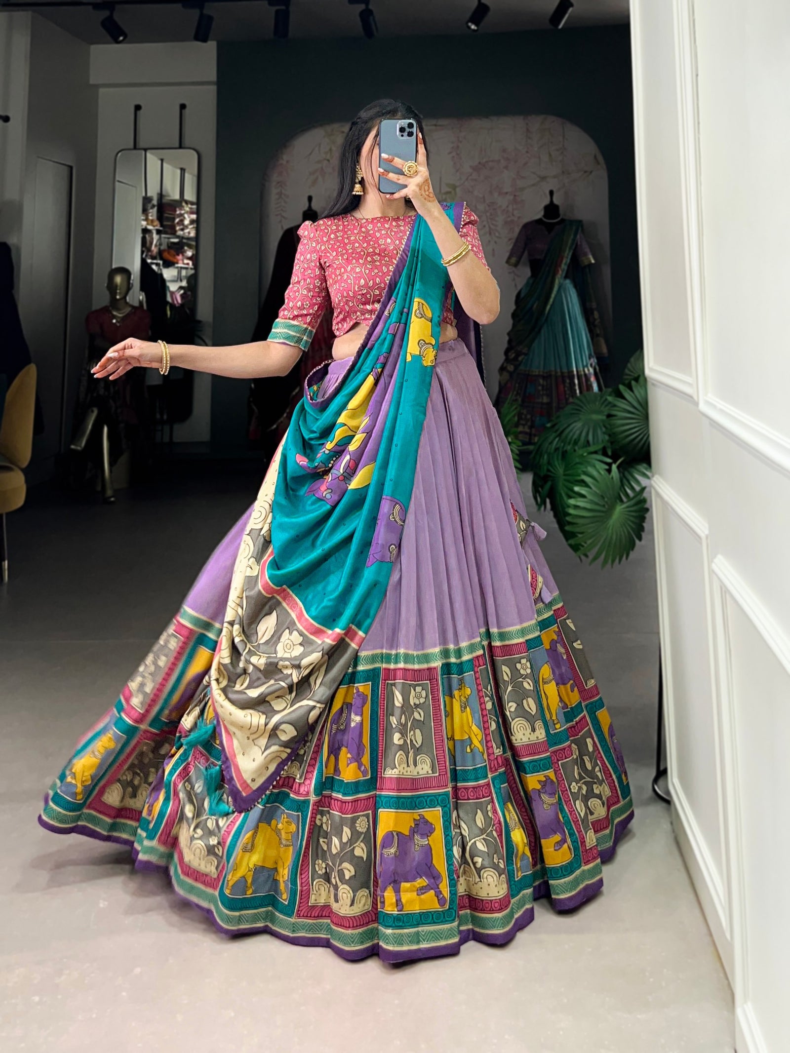 Lavender Ethereal Elegance Kalamkari Tussar Silk Lehenga Set
