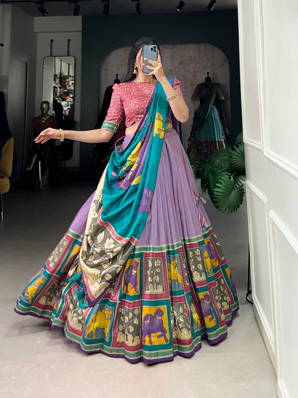 Lavender Ethereal Elegance Kalamkari Tussar Silk Lehenga Set