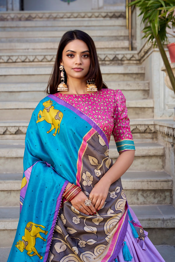 Lavender Ethereal Elegance Kalamkari Tussar Silk Lehenga Set