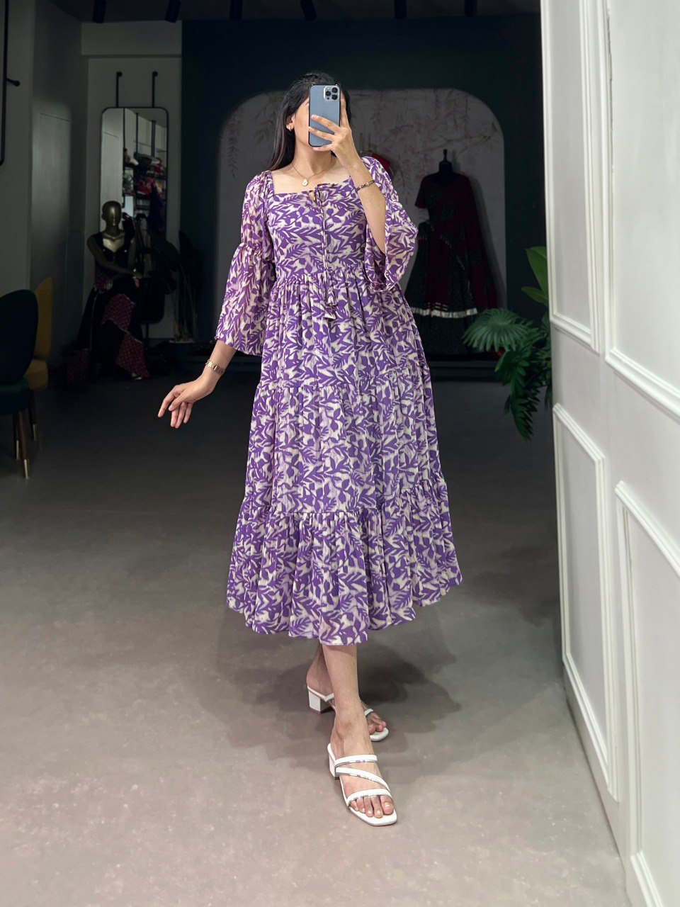 Lavender Ethnic Elegance – Triple-Layer Georgette Frock