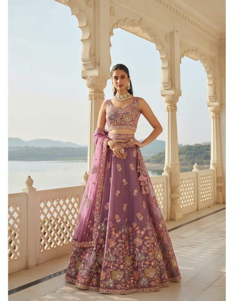 Lavender Fandy Embroidered Lehenga Choli with Net Dupatta Main image