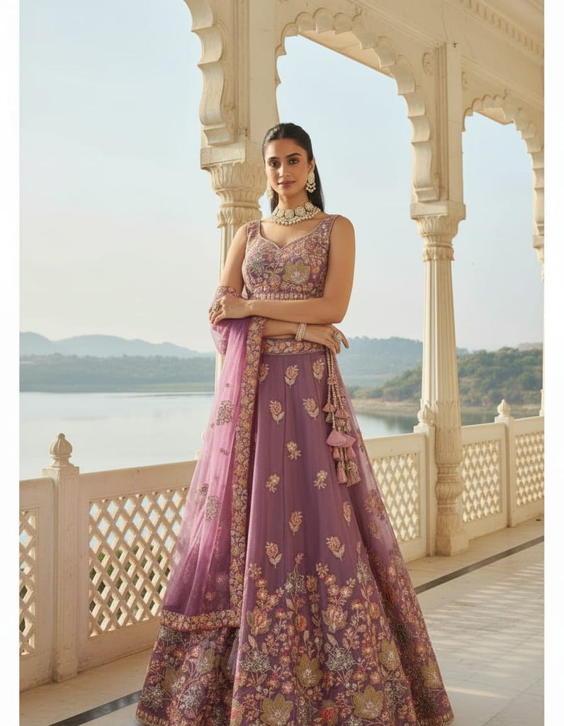 Lavender Fandy Embroidered Lehenga Choli with Net Dupatta