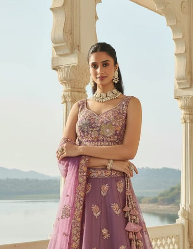 Lavender Fandy Embroidered Lehenga Choli with Net Dupatta