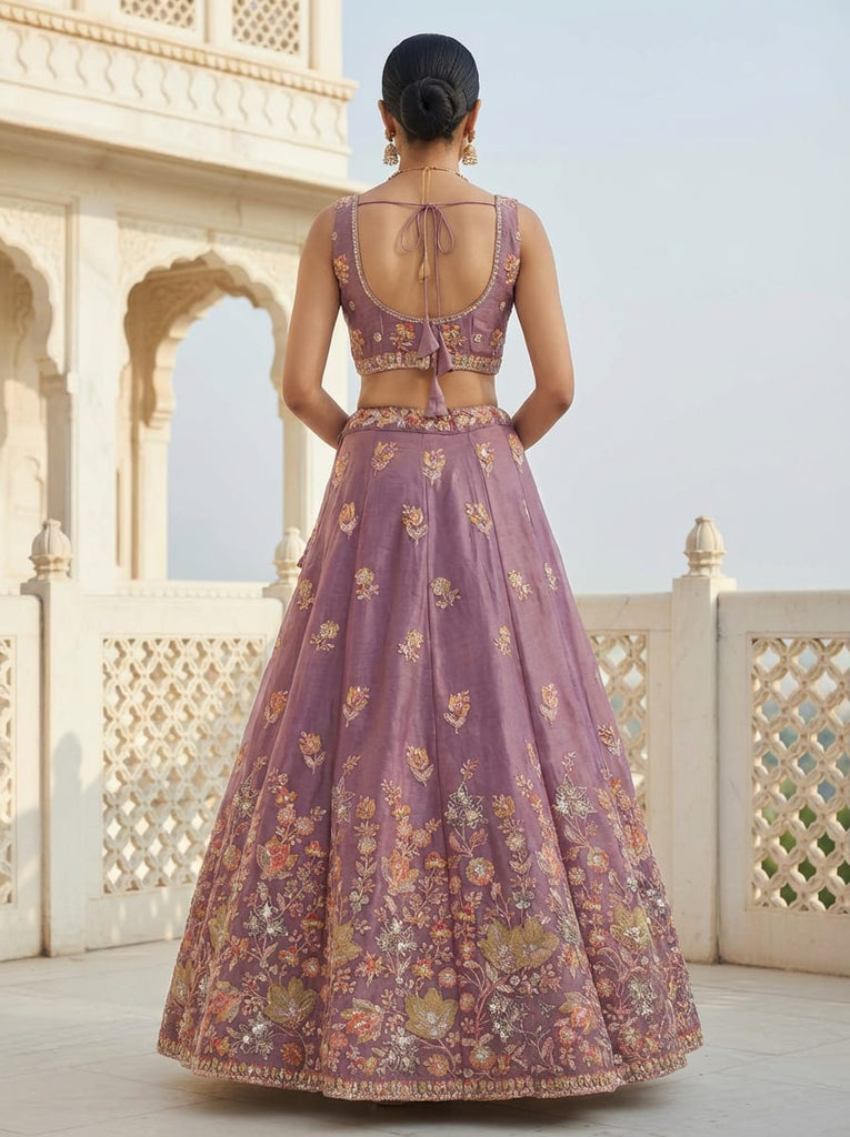 Lavender Fandy Embroidered Lehenga Choli with Net Dupatta