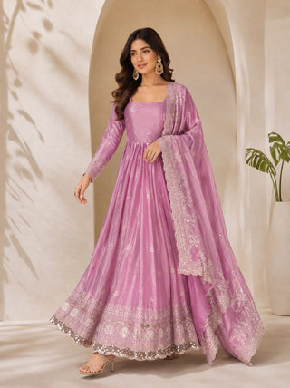 Lavender Fandy Satin Anarkali Gown ClothsVilla
