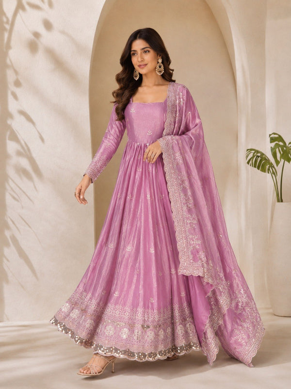 Lavender Fandy Satin Anarkali Gown ClothsVilla