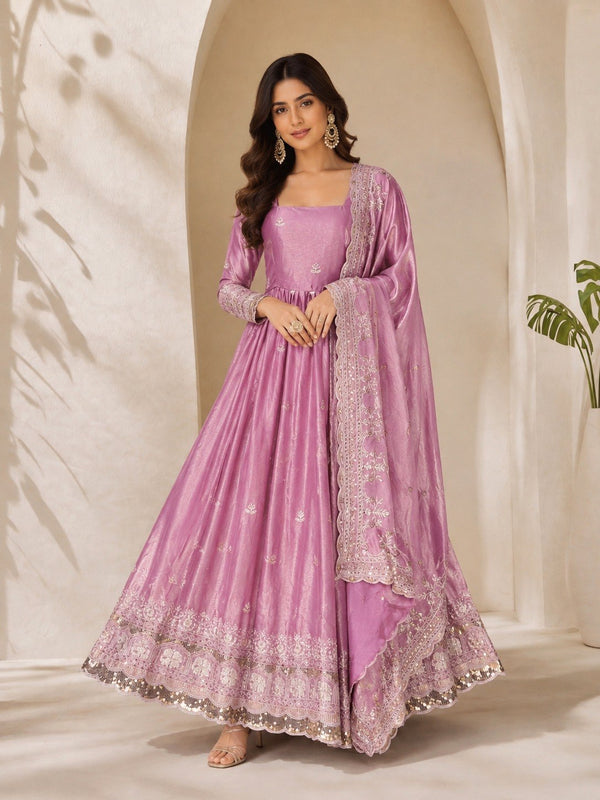 Lavender Fandy Satin Anarkali Gown ClothsVilla