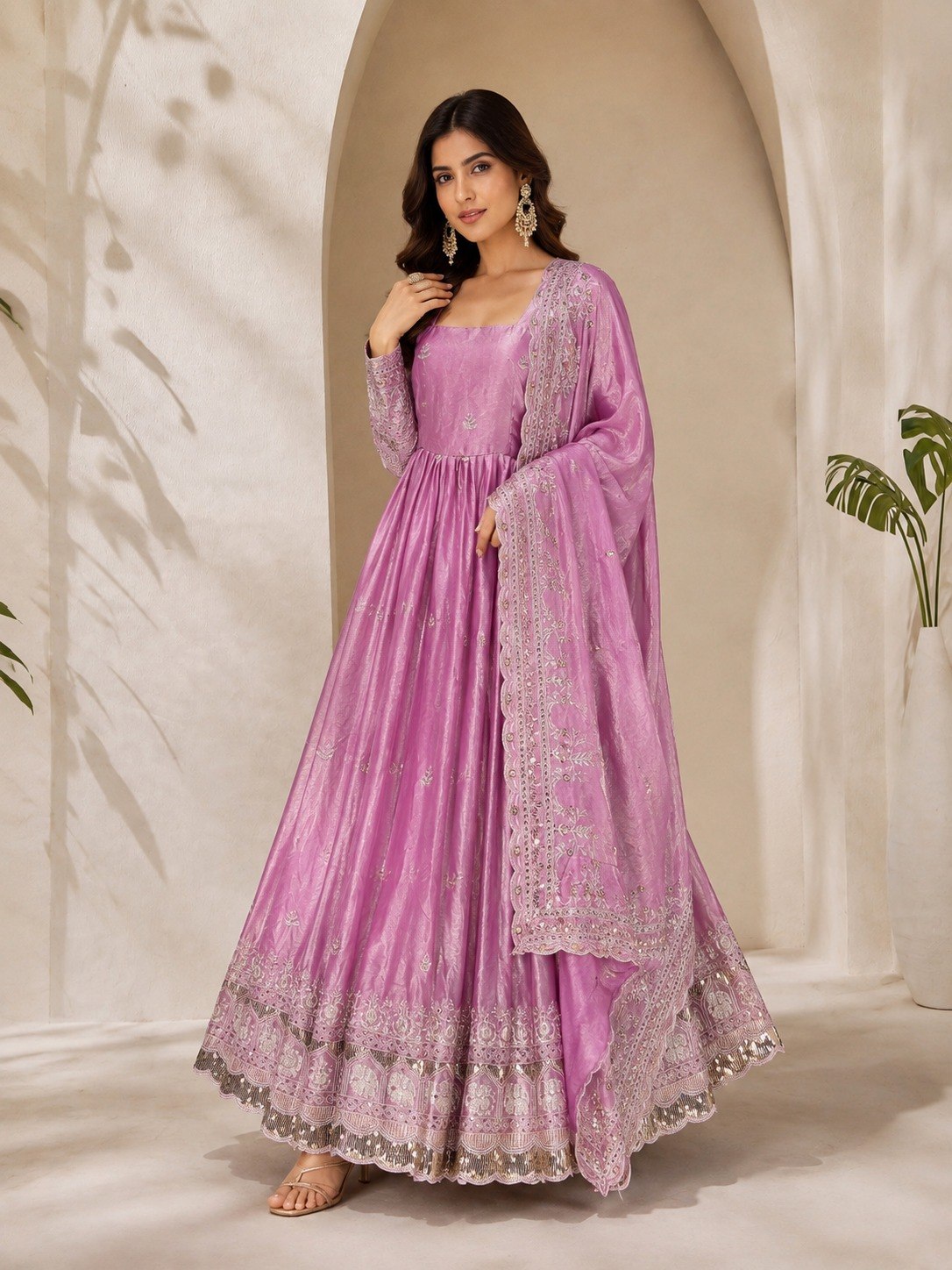 Lavender Fandy Satin Anarkali Gown ClothsVilla