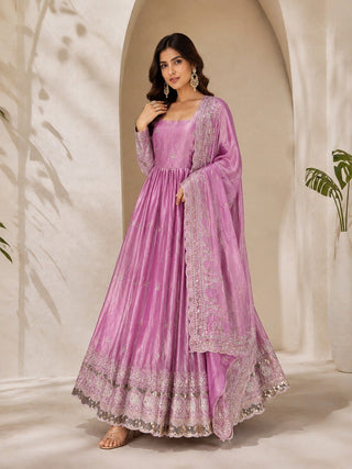 Lavender Fandy Satin Anarkali Gown ClothsVilla