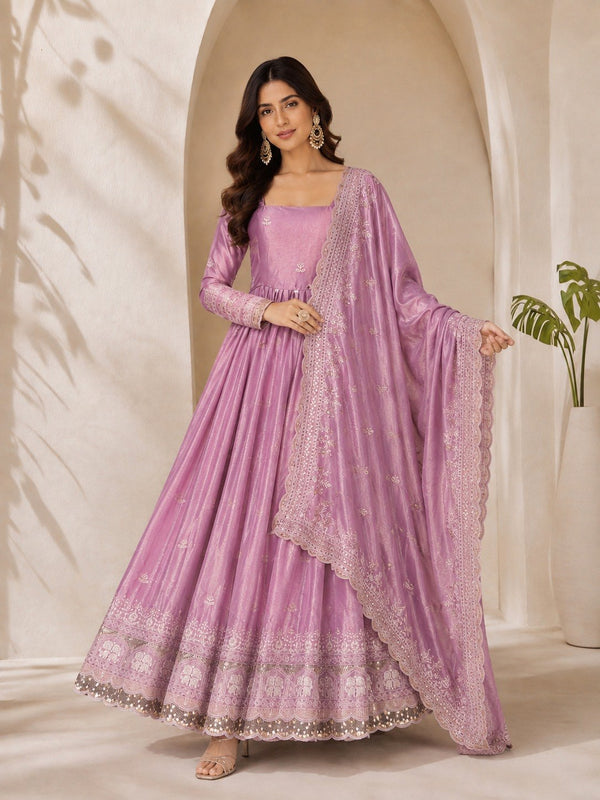 Lavender Fandy Satin Anarkali Gown ClothsVilla
