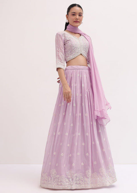 Lavender Faux Georgette Semi-Stitched Sequins Embroidered Lehenga with Canvas & Can-Can, Unstitched Sequins Blouse & Plain Georgette Dupatta Clothsvilla Main image