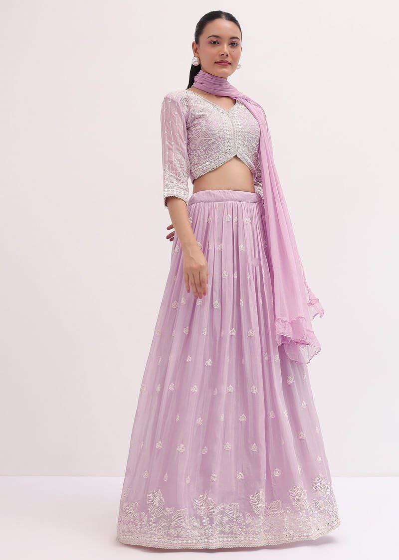 Lavender Faux Georgette Semi-Stitched Sequins Embroidered Lehenga with Canvas & Can-Can, Unstitched Sequins Blouse & Plain Georgette Dupatta Clothsvilla Main image