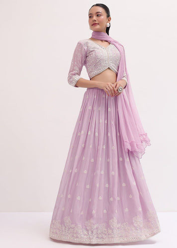 Lavender Faux Georgette Semi-Stitched Sequins Embroidered Lehenga with Canvas & Can-Can, Unstitched Sequins Blouse & Plain Georgette Dupatta Clothsvilla