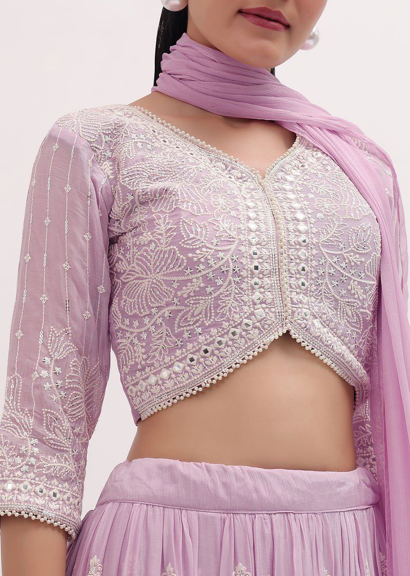 Lavender Faux Georgette Semi-Stitched Sequins Embroidered Lehenga with Canvas & Can-Can, Unstitched Sequins Blouse & Plain Georgette Dupatta Clothsvilla