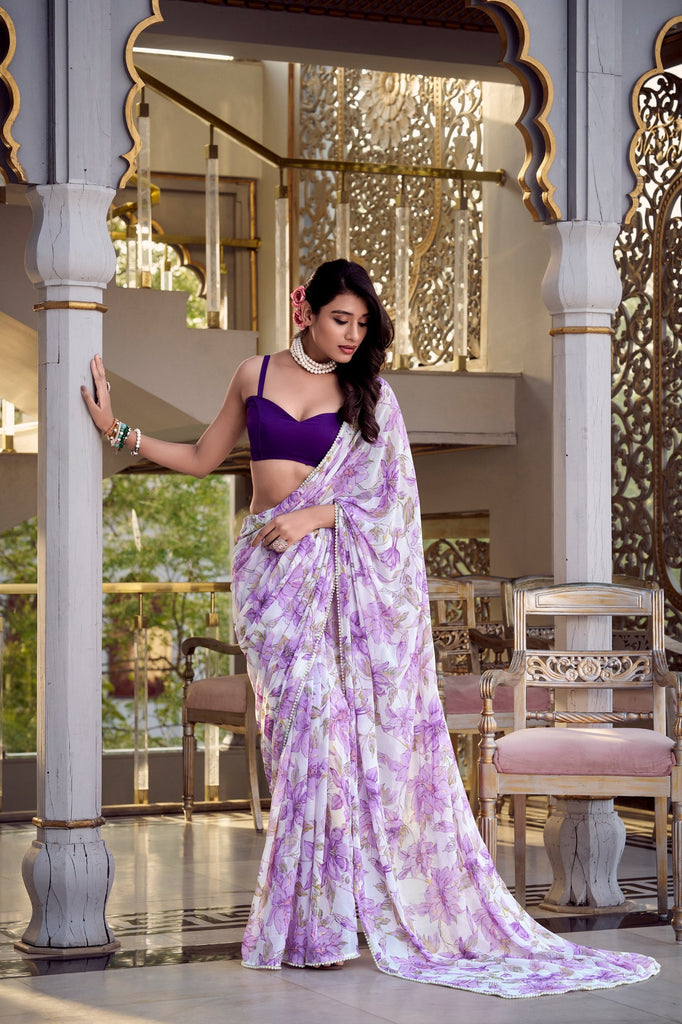 Lavender Floral Print Weightless Marble Saree with Pearl Lace Border & Moonga Silk Blouse ClothsVilla