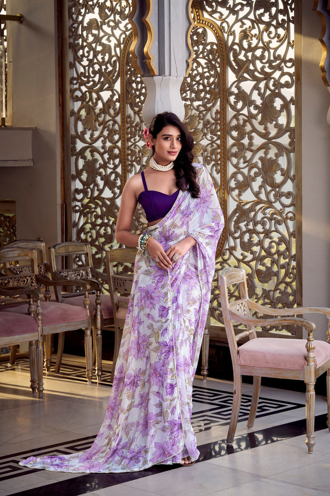 Lavender Floral Print Weightless Marble Saree with Pearl Lace Border & Moonga Silk Blouse ClothsVilla