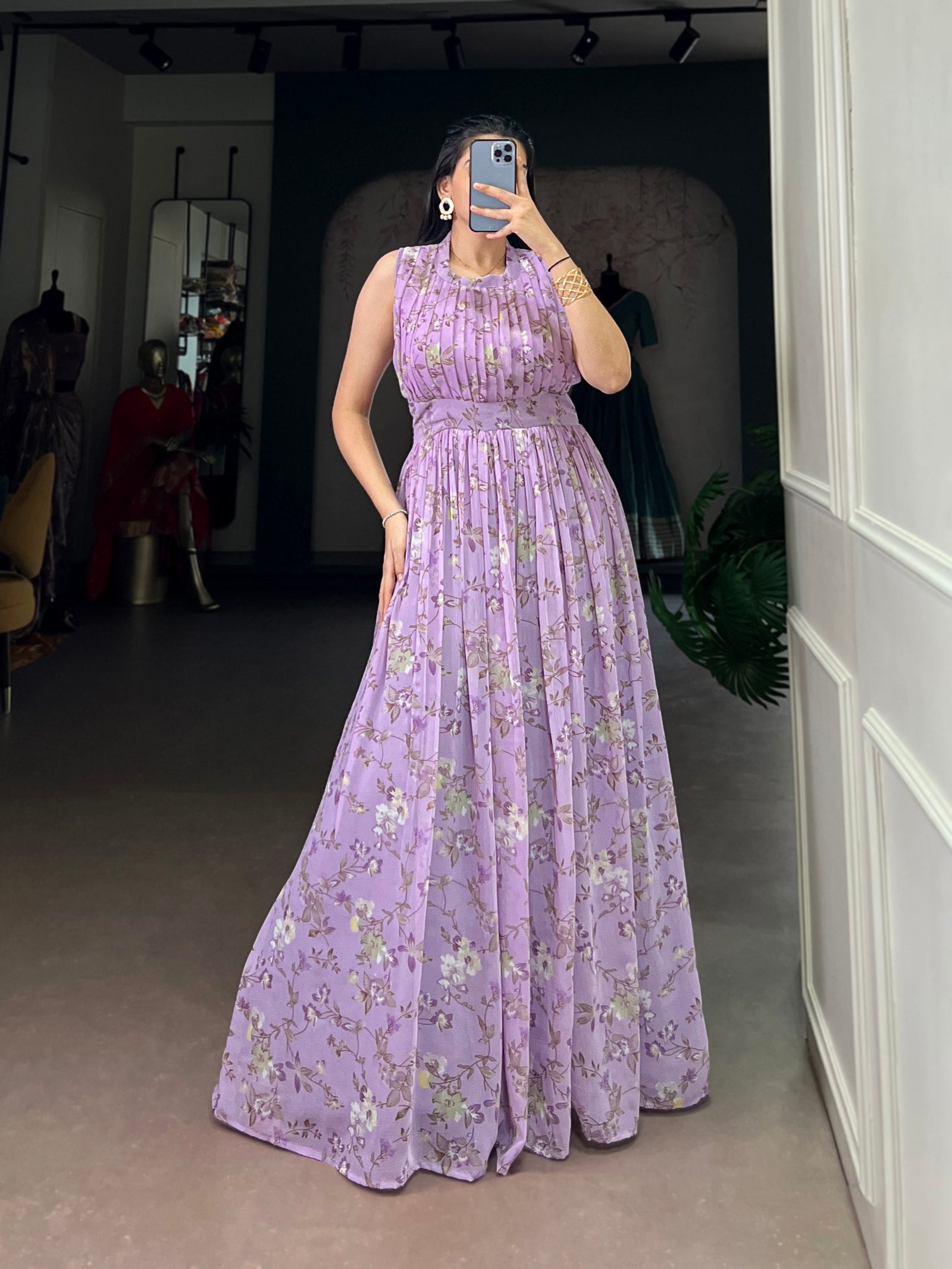 Lavender Floral Printed Weightless Marbal Long Dress with 3.40 Meter Flair, Silk Lining & Drawstring Zip Closure – Fully Stitched Party & Casual Wear Clothsvilla