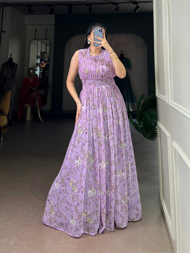 Lavender Floral Printed Weightless Marbal Long Dress with 3.40 Meter Flair, Silk Lining & Drawstring Zip Closure – Fully Stitched Party & Casual Wear Clothsvilla