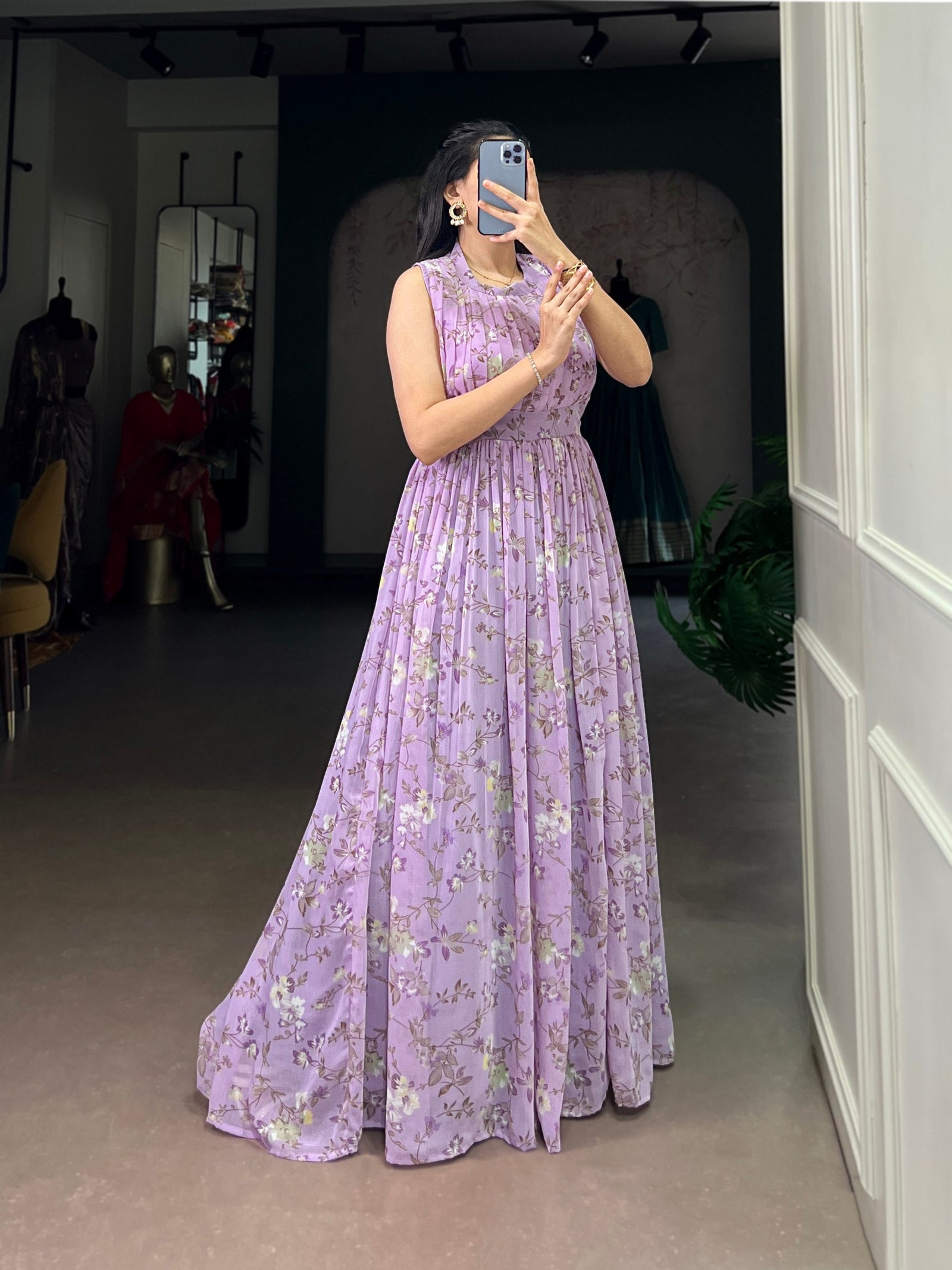 Lavender Floral Printed Weightless Marbal Long Dress with 3.40 Meter Flair, Silk Lining & Drawstring Zip Closure – Fully Stitched Party & Casual Wear Clothsvilla