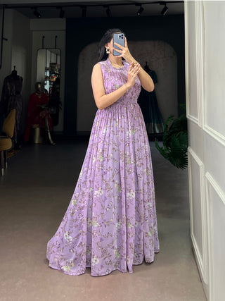 Lavender Floral Printed Weightless Marbal Long Dress with 3.40 Meter Flair, Silk Lining & Drawstring Zip Closure – Fully Stitched Party & Casual Wear Clothsvilla