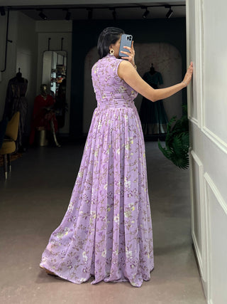 Lavender Floral Printed Weightless Marbal Long Dress with 3.40 Meter Flair, Silk Lining & Drawstring Zip Closure – Fully Stitched Party & Casual Wear Clothsvilla